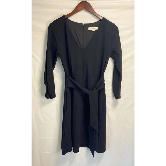NWT Loft Womens V-neck Wrap Around Tie Front Stretch Dress‎ Black Size 4 - Picture 1 of 4